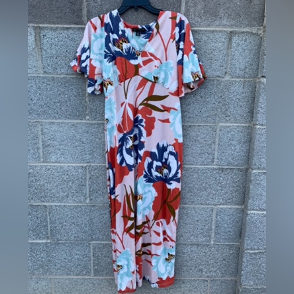 A Pea In the Pod Size Small Maternity Dress Ankle Pink Blue Floral Short Sleeve